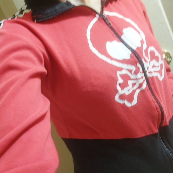 Red black & checkered skull & crossbones cropped moto sweatshirt - Picture 8 of 10